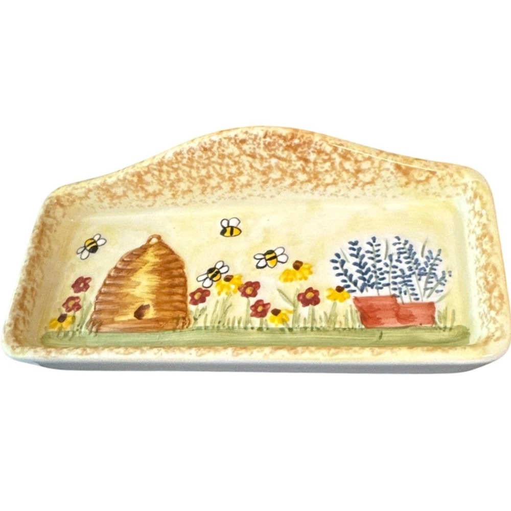 Beehive Soap Butter Dish 6.5x3in Yellow Floral Bee Ceramic Tray